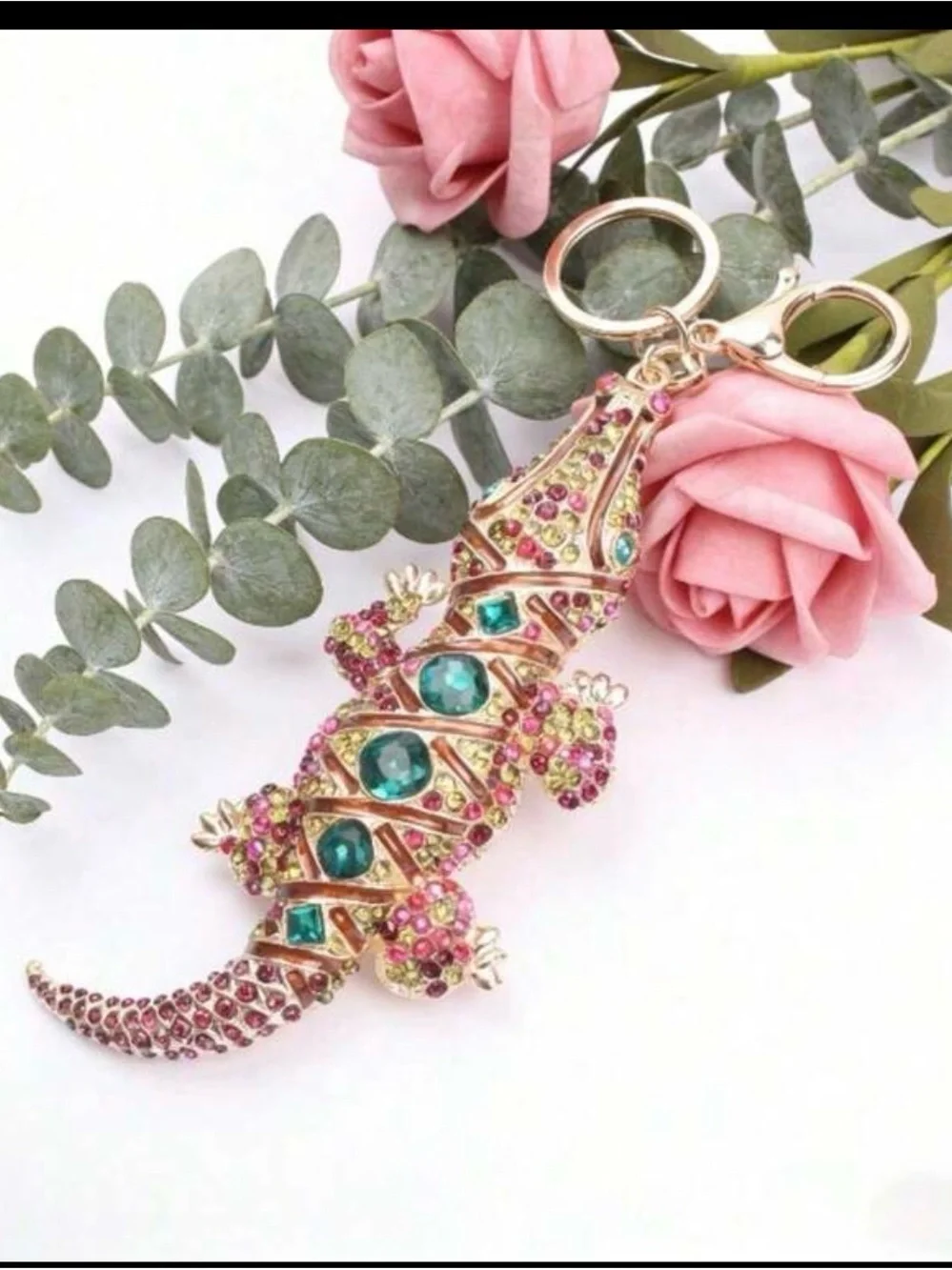 Crystal Embellished Lizard Keychain - Pink & Teal Stones - Picture 2 of 2